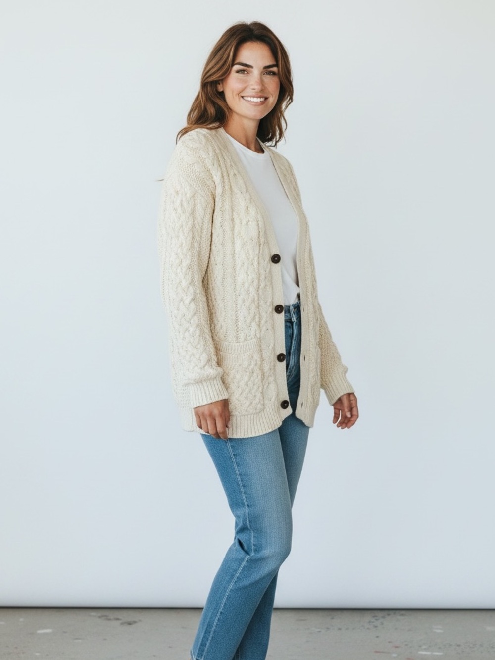100% Wool Irish Store Cable-Knit Button Cardigan